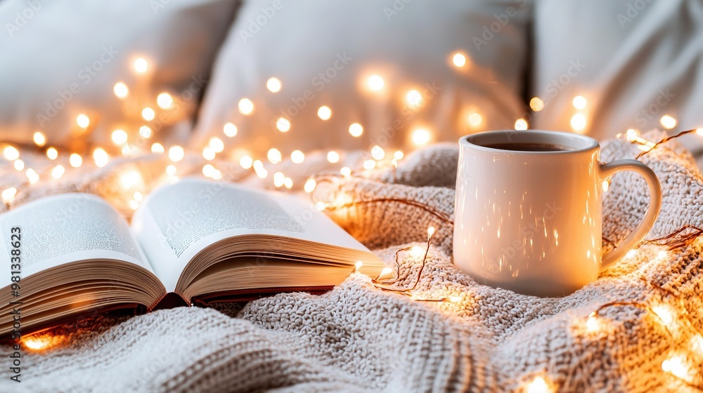 Poster an open book and a steaming cup of coffee rest on a cozy blanket beneath a string of twinkling light