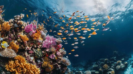 A vibrant underwater scene in Ras Muhammad National Park, Egypt, showcases a vibrant coral reef teeming with schools of small, silvery fish. 
