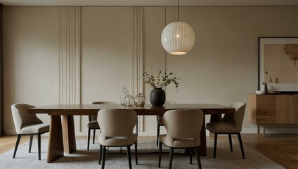 Dining area with simple furniture and neutral tones.