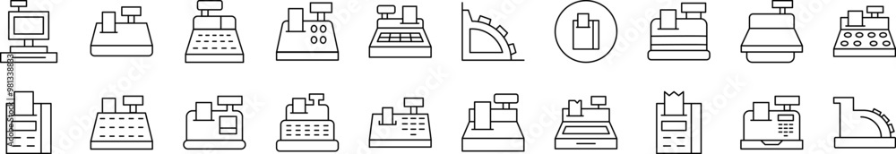 Poster cash register line icon bundle. editable stroke. minimalistic linear pictogram for design of cards, 