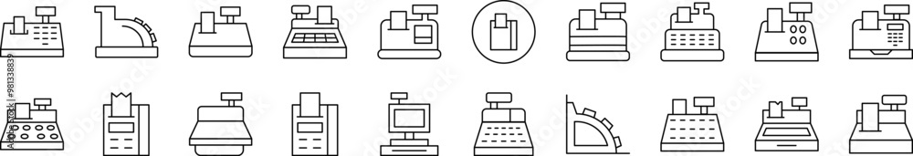 Poster collection of line icons of cash register. editable stroke. minimalistic linear pictogram for design
