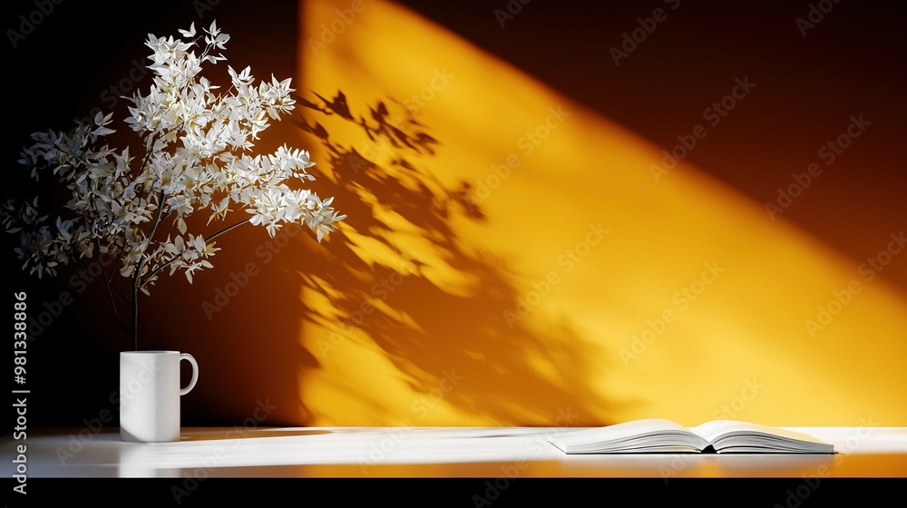 Poster a cup of coffee and a book rest on a table under a tree's shadow behind them