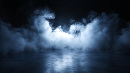 Obraz premium Mysterious blue fog envelops a dark scene, creating an ethereal mood perfect for dramatic visuals and atmospheric effects.