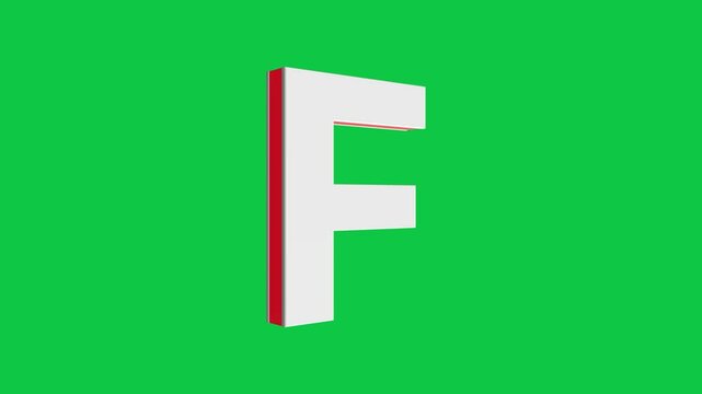 3D F letter logo rotating on green screen chroma key background, 4K English alphabet animation video clip