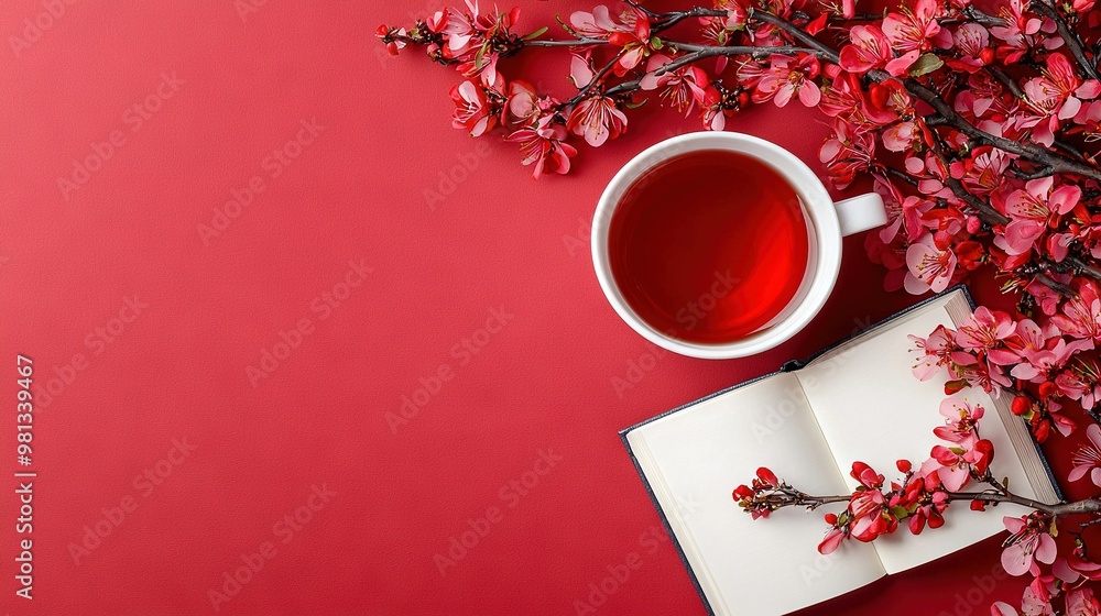 Aufkleber an open book and a cup of tea on a red background with a tree's red flowers in the foreground