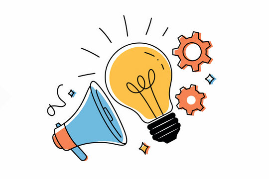 Light bulb, megaphone and gears, concept of idea, creativity and advertisements.