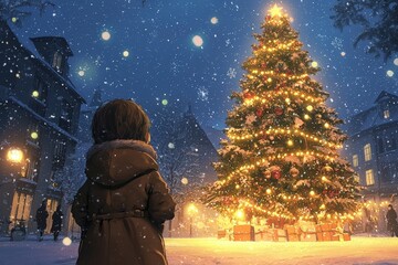 Child Wondering at Christmas Tree Lights in Snowy Winter Town Square - Festive Winter Holiday Scene