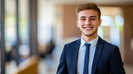 Fototapeta premium Smiling young businessman stands in the lobby of an office building