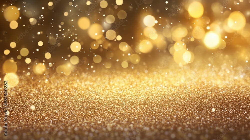Poster close-up of a glittering golden surface with a blurred background of golden lights, creating a bokeh