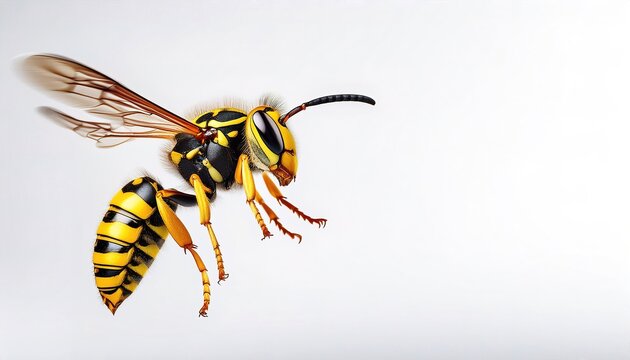 Vespula squamosa - southern yellow jacket - is a social wasp identified by its distinctive black and yellow patterning and orange queen. Isolated on white background with copy space. flying in flight