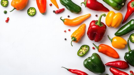 Vibrant assortment of colorful bell peppers and chili peppers arranged on a white background