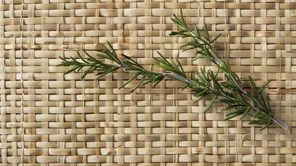 Obraz premium Rosemary Sprig on Woven Mat