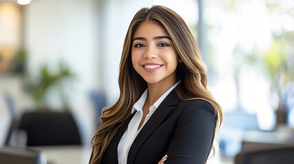 Naklejka premium Young businesswoman is smiling while standing in a modern office with her arms crossed