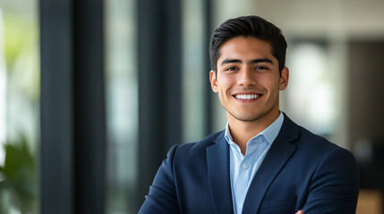 Confident and successful young businessman smiling with arms crossed in an office building