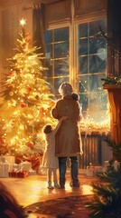 In a cozy living room, a loving grandmother and granddaughter embrace by a stunning Christmas tree, capturing the heartwarming spirit of the season