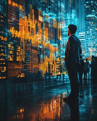 Fototapeta premium best sale team management A futuristic business meeting with graphs and data visualizations, highlighting analytics and corporate strategy.