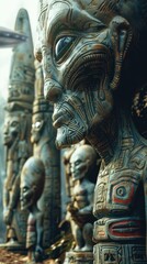 Mysterious stone statues illuminated under a hovering UFO in a truly enigmatic and captivating landscape