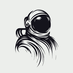 A black and white drawing of a man in a spacesuit. The man is wearing a helmet and a spacesuit. The man is looking to the right