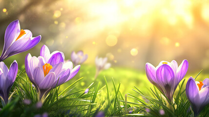 Crocus Blossoms on Grass with Sunlight for Spring Flower Background