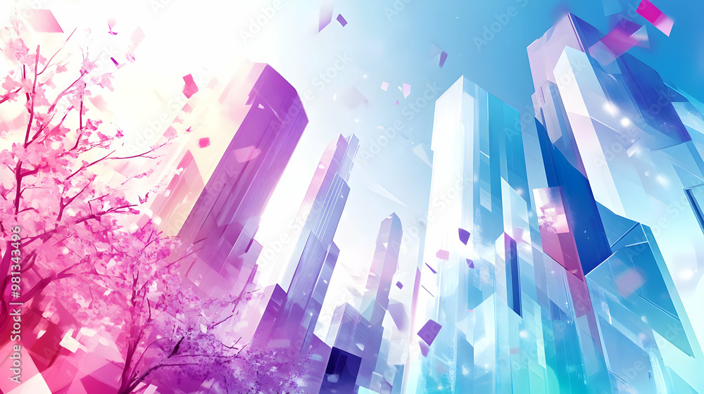 Canvas Prints Cityscape with Cherry Blossoms: A Dreamy, Futuristic View