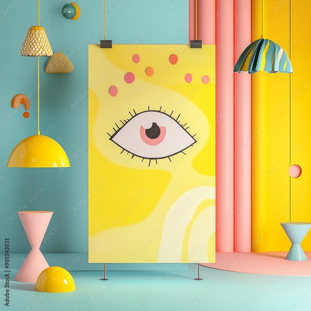 Canvas Prints A yellow poster with an eye design hanging in a colorful room with lamps.