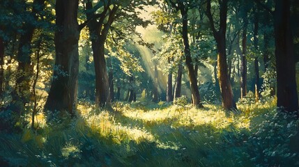 Obraz premium Amidst the verdant embrace of a forest, where sunbeams dance through the canopies, an enchanting tapestry of nature unfolds. The towering trunks and delicate twigs stand like sentinels
