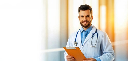 Doctor holding clipboard and stethoscope, professional