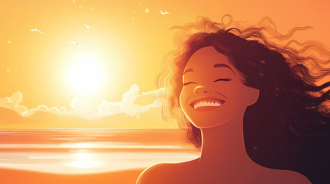 A joyful woman smiling at the beach during sunset. Joyful. Illustration