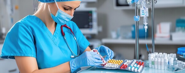 Female nurse in scrubs preparing medication in a hospital