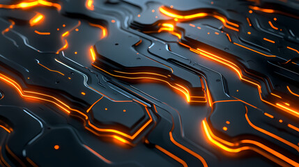 A metallic surface with a network of embossed lines and glowing orange accents that suggest energy flow, creating a futuristic look. Metallic Surface. Illustration