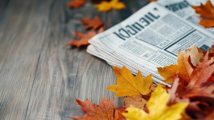 A financial newspaper on a wooden table with autumn leaves scattered around, symbolizing the fall stock market