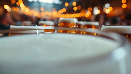 This People relax with drinks in a lively brewery filled with warm lighting and chatter.