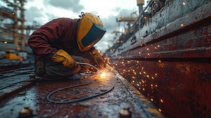 A dedicated welder in protective gear kneels on a ship, bright sparks flying as they work with intense concentration and skill.