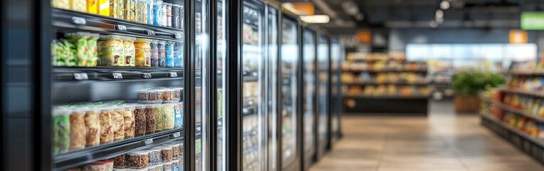 Freezer cases stocked with assorted frozen meals and snacks in a supermarket aisle