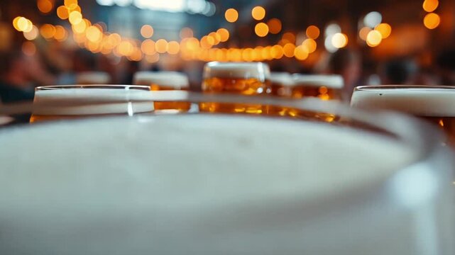 This People relax with drinks in a lively brewery filled with warm lighting and chatter.
