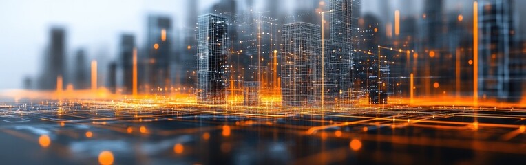 Fototapeta premium A vibrant skyline highlights urban development with illuminated lines symbolizing connectivity