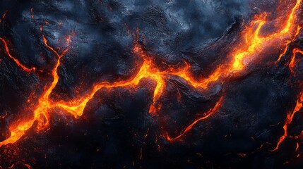Fototapeta premium Molten Lava Flowing Through a Dark and Rough Volcanic Surface
