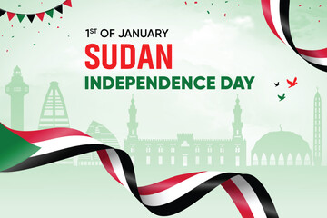 Sudan Republic Flag Waving On Skyline Background. Independence Day Concept Design Vector Illustration.
