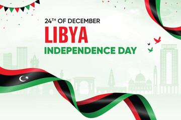 Libya Flag Waving On Skyline Background. Independence Day Concept Design Vector Illustration.