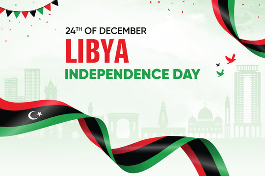 Libya Flag Waving On Skyline Background. Independence Day Concept Design Vector Illustration.