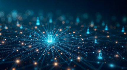 Futuristic digital network with glowing nodes and central connection