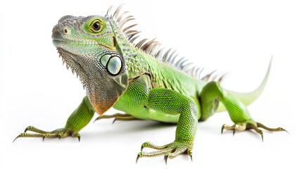 Obraz premium A large green iguana lizard is standing alone against a plain white backdrop.