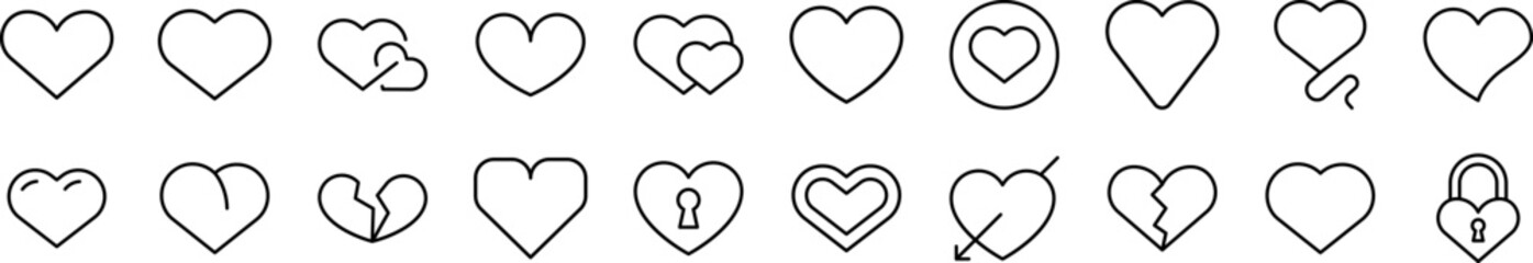 Set of Line Icons of Heart. Editable Stroke. Minimalistic Linear Pictogram for Design of Cards, Apps, Banners, Posts