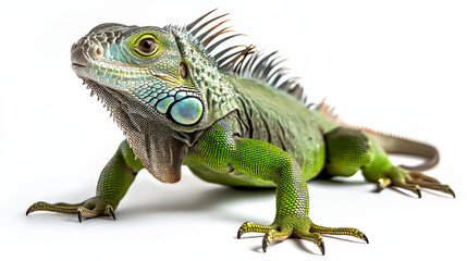 Fototapeta premium A large green iguana lizard is standing alone against a plain white backdrop.