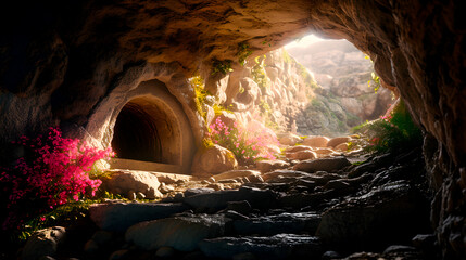 Sunlit cave entrance with flowers and rocky pathway
