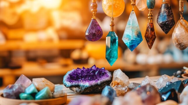 Colorful Healing Crystals and Dowsing Pendulums in Esoteric Spiritual Setting