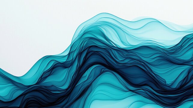 image features flowing waves of blue and teal, creating serene and calming atmosphere. smooth lines and gradients evoke sense of tranquility and fluidity, reminiscent of water or gentle ocean waves