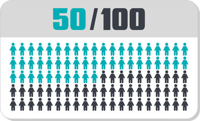 50 percent people icon vector graphic, Human pie chart, Man pictogram concept, 50/100. Vector Male Icon and 50% Symbol	
