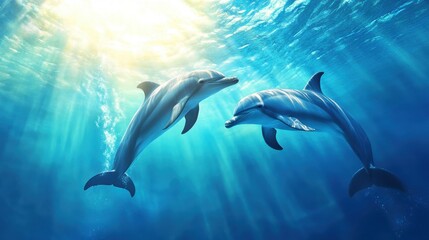 Two dolphins swim gracefully in clear blue water, illuminated by sunlight filtering through the ocean's surface.