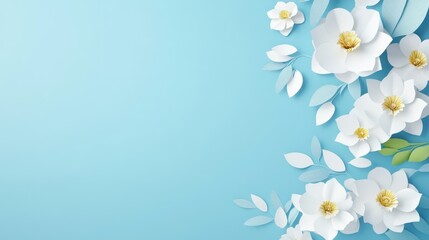 3D paper cut spring flowers on a blue background